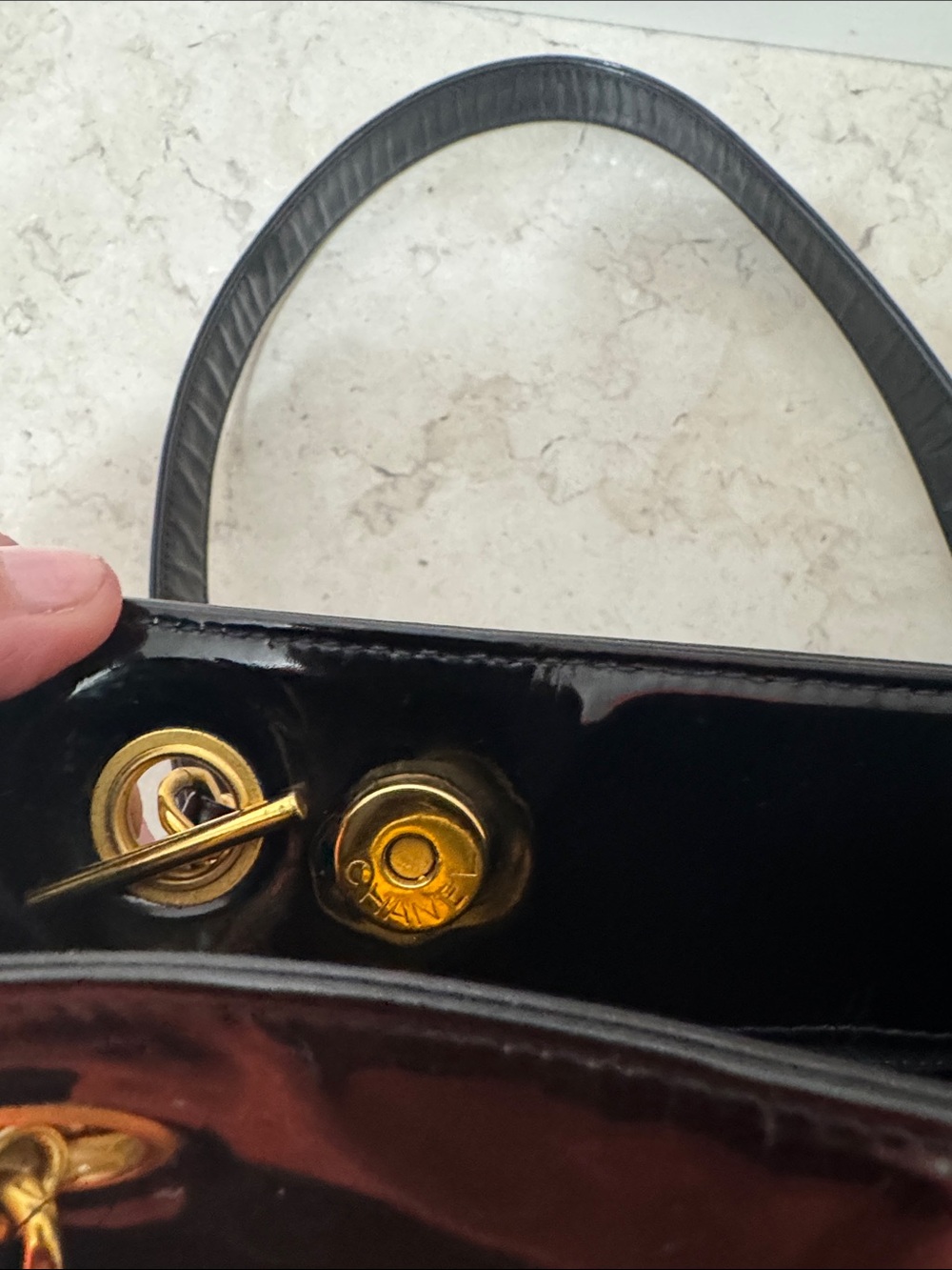 Black Patent Leather Shoulder Tote with Gold Hardware - Picture 9 of 17